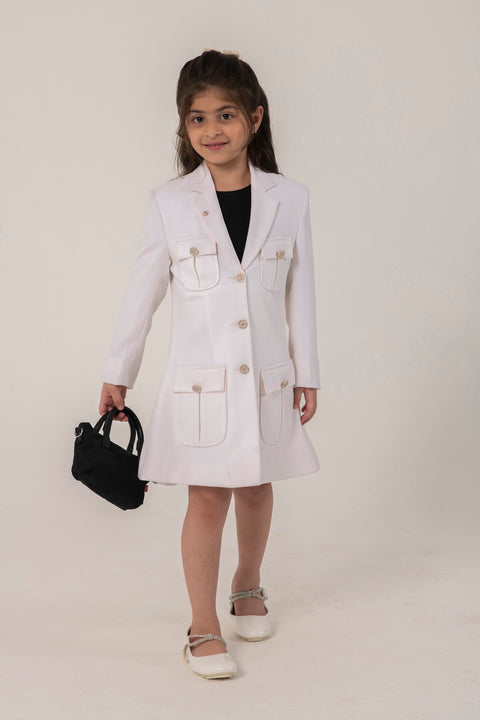 Pre-Order: WHITE FORMAL BLAZER DRESS WITH EMBELLISHED BUTTONS