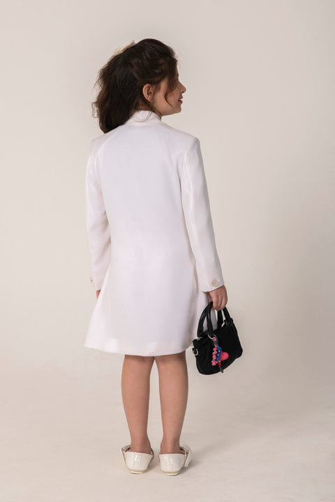 Pre-Order: WHITE FORMAL BLAZER DRESS WITH EMBELLISHED BUTTONS