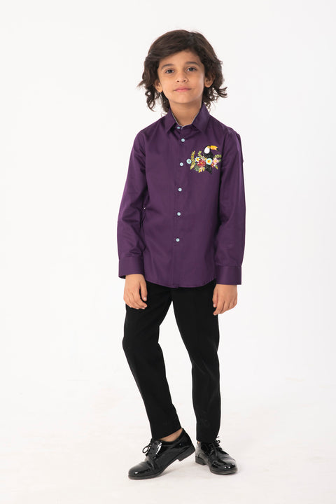 Pre-Order: PURPLE SHIRT WITH TOUCAN BIRD EMBROIDERY