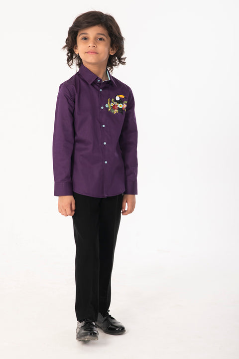 Pre-Order: PURPLE SHIRT WITH TOUCAN BIRD EMBROIDERY