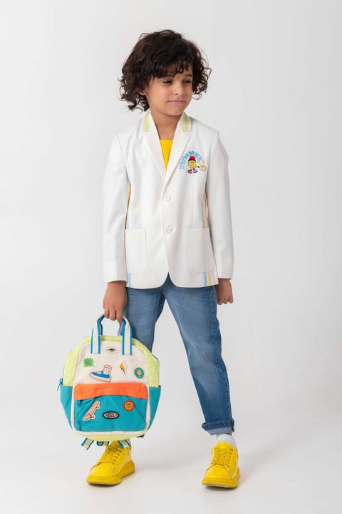 Pre-Order: WHITE BLAZER WITH CONTRAST PIPING DETAILING AND LOGO