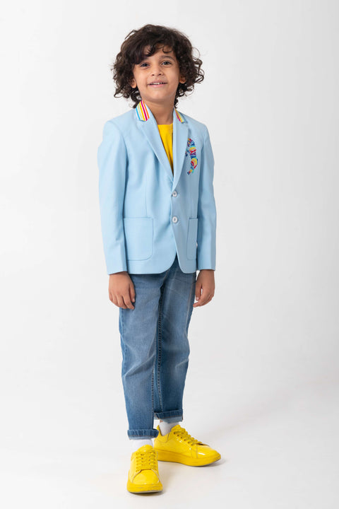 Pre-Order: POWDER BLUE BLAZER WITH RAINBOW COLLAR AND RAINBOW ZEBRA EMBROIDERY
