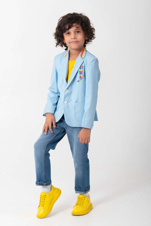 Pre-Order: POWDER BLUE BLAZER WITH RAINBOW COLLAR AND RAINBOW ZEBRA EMBROIDERY
