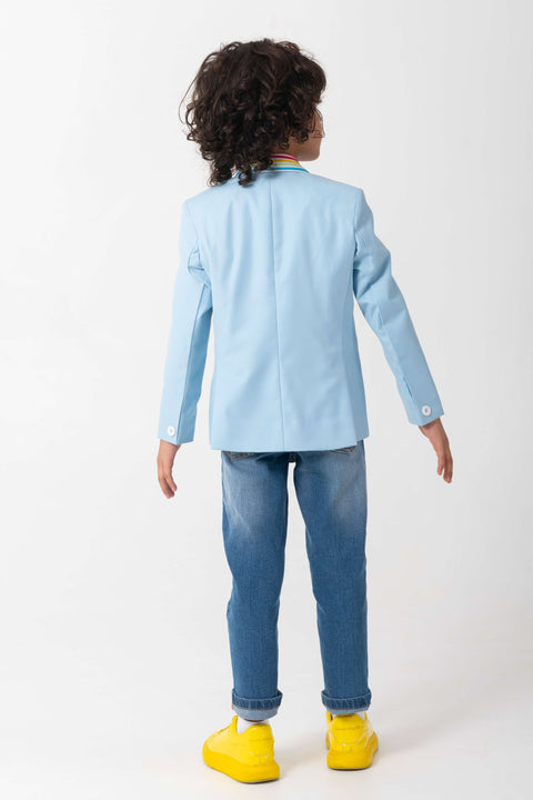 Pre-Order: POWDER BLUE BLAZER WITH RAINBOW COLLAR AND RAINBOW ZEBRA EMBROIDERY