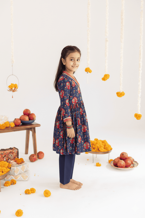 Pre-Order: Blue  jaal  printed muslin angrakha set -set of 2