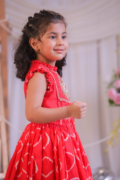 Pre-Order: Red Bandhej Emb Ghagra Set