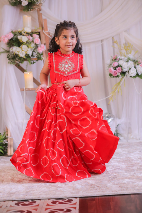 Pre-Order: Red Bandhej Emb Ghagra Set