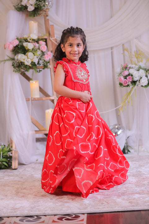 Pre-Order: Red Bandhej Emb Ghagra Set