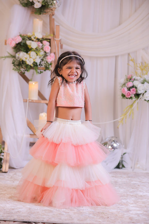 Pre-Order: Peach Pearl Frill Ghagra Set