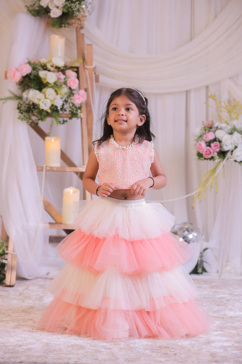 Pre-Order: Peach Pearl Frill Ghagra Set