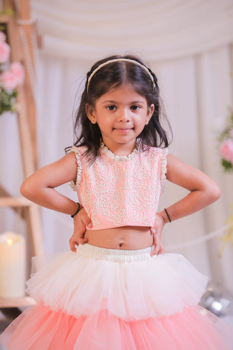 Pre-Order: Peach Pearl Frill Ghagra Set