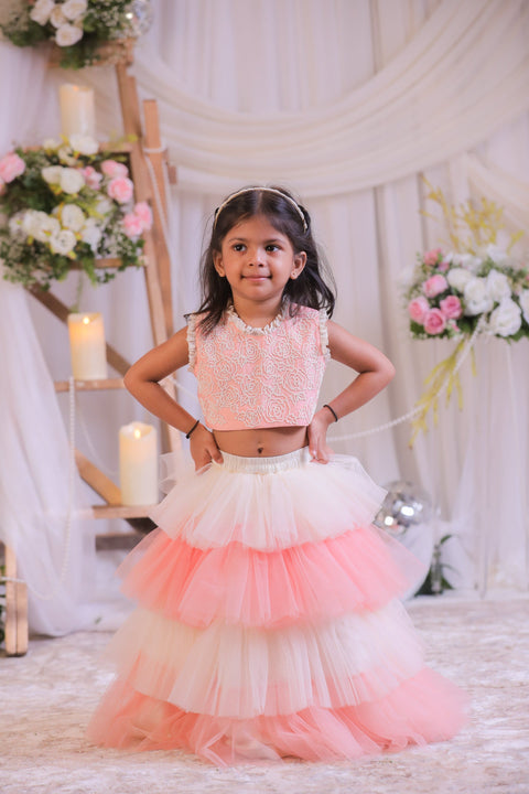 Pre-Order: Peach Pearl Frill Ghagra Set