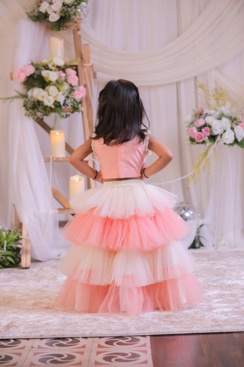 Pre-Order: Peach Pearl Frill Ghagra Set