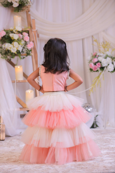 Pre-Order: Peach Pearl Frill Ghagra Set