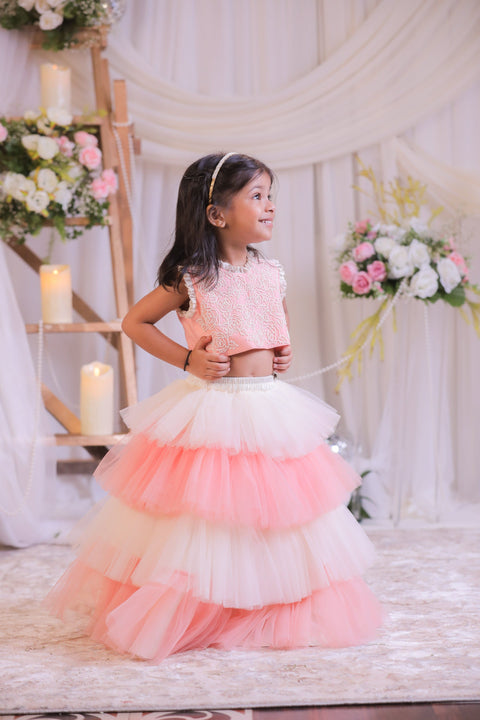 Pre-Order: Peach Pearl Frill Ghagra Set