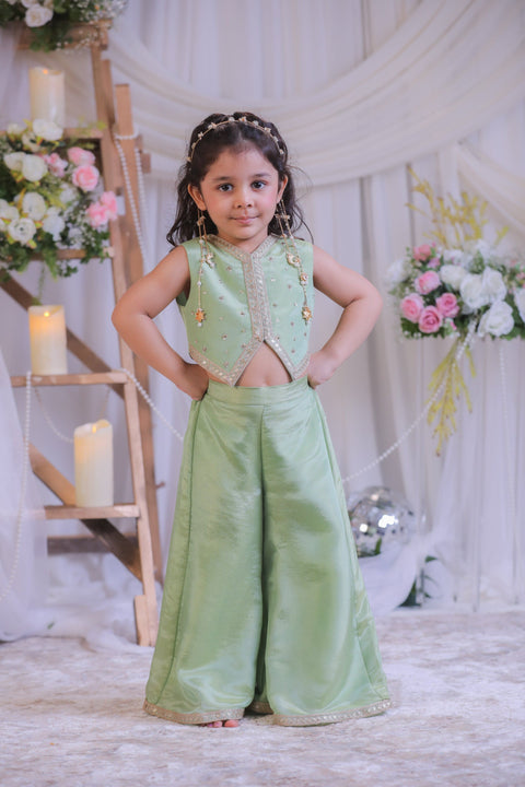 Pre-Order: Green Tissue Waistcoat Palazzo Set
