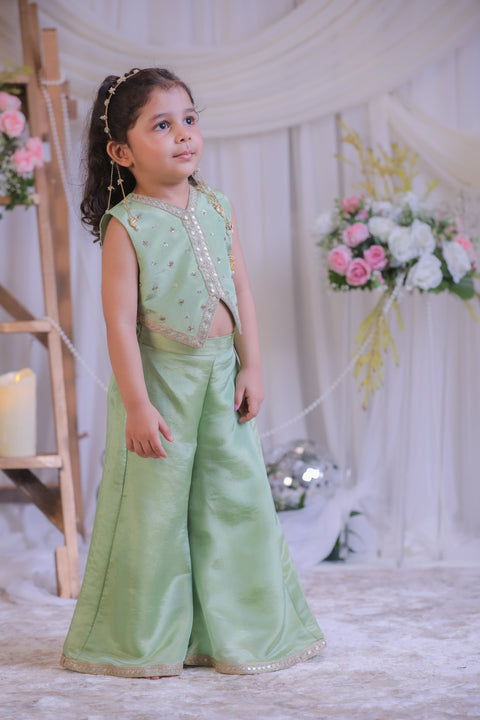 Pre-Order: Green Tissue Waistcoat Palazzo Set