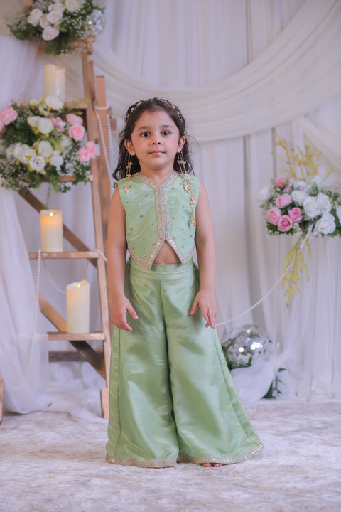 Pre-Order: Green Tissue Waistcoat Palazzo Set