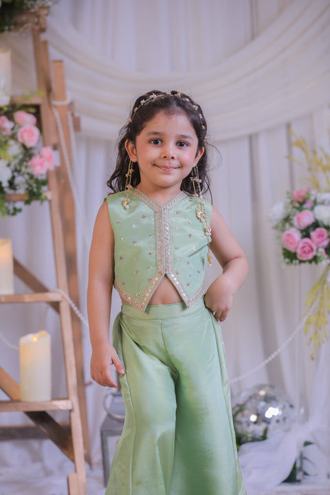Pre-Order: Green Tissue Waistcoat Palazzo Set