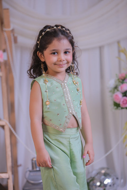 Pre-Order: Green Tissue Waistcoat Palazzo Set