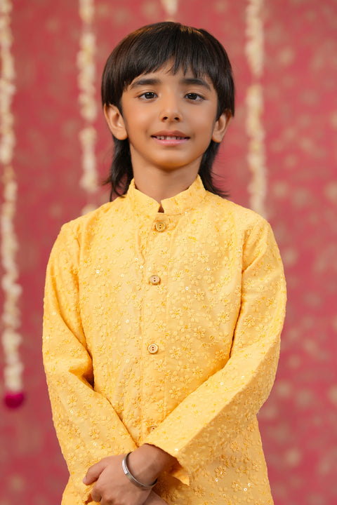 Pre-Order: Yellow Front Button Sherwani Style Kurta with Balloon Pants
