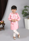 Pre-Order: Pink kurta pink printed nehru jacket off white churidar