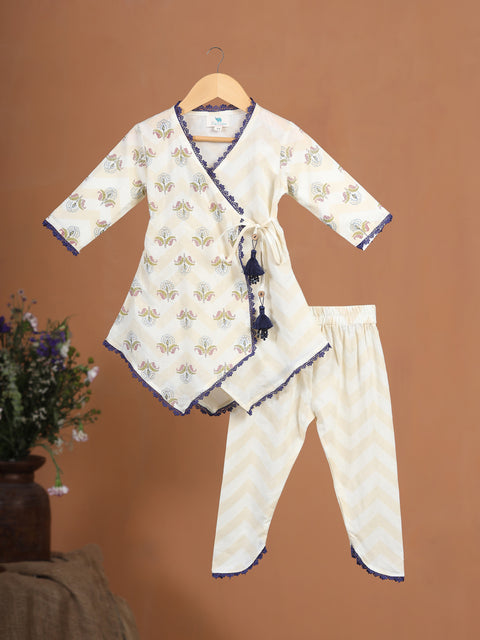 Pre-Order: GIRL FLORAL PRINTED KURTA SET-BEIGE