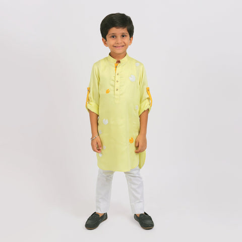 Pre-Order : LEMON YELLOW PACMAN KURTA WITH WHITE PANTS  for Boys