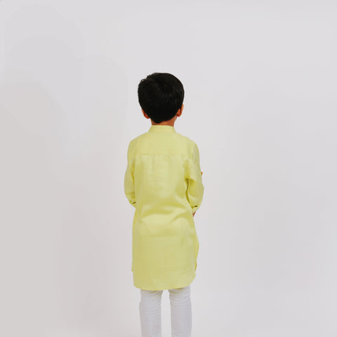 Pre-Order : LEMON YELLOW PACMAN KURTA WITH WHITE PANTS  for Boys