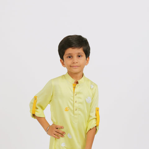Pre-Order : LEMON YELLOW PACMAN KURTA WITH WHITE PANTS  for Boys