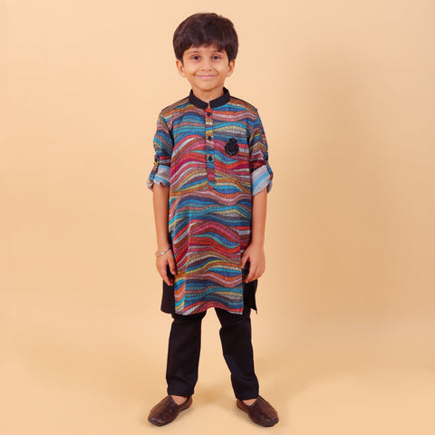 Pre-Order : MULTI COLOUR KURTA WITH BLACK PAJAMA for Boys