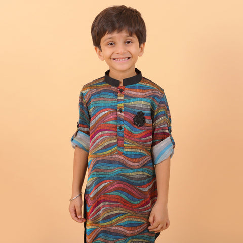 Pre-Order : MULTI COLOUR KURTA WITH BLACK PAJAMA for Boys
