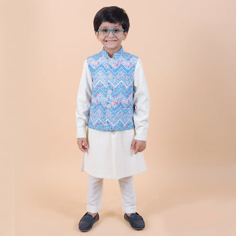Pre-Order : BLUE BANDI SET WITH WHITE CHIKANKARI KURTA  for Boys