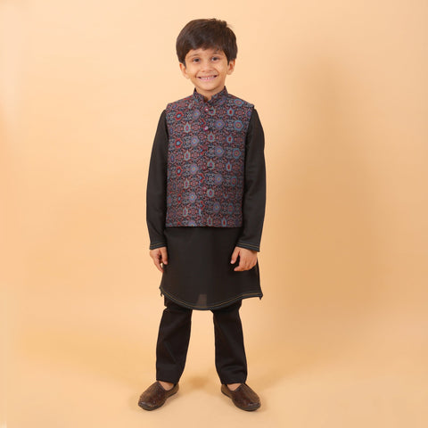 Pre-Order : MULTICOLOUR BANDI WITH BLACK KURTA SET  for Boys