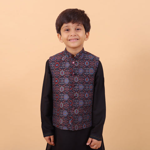 Pre-Order : MULTICOLOUR BANDI WITH BLACK KURTA SET  for Boys