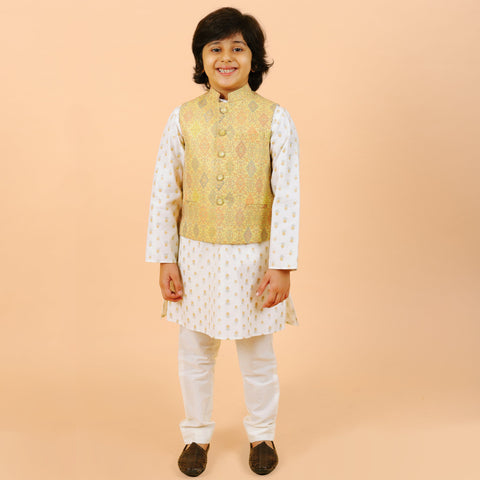 Pre-Order : YELLOW BANDI WITH OFF WHITE KURTA SET WITH GOLDEN WORK SET  for Boys