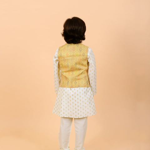 Pre-Order : YELLOW BANDI WITH OFF WHITE KURTA SET WITH GOLDEN WORK SET  for Boys