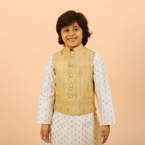 Pre-Order : YELLOW BANDI WITH OFF WHITE KURTA SET WITH GOLDEN WORK SET  for Boys