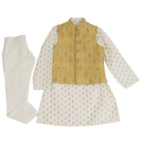 Pre-Order : YELLOW BANDI WITH OFF WHITE KURTA SET WITH GOLDEN WORK SET  for Boys