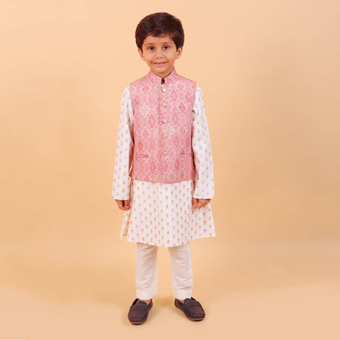Pre-Order : PINK BANDI WITH OFF WHITE KURTA SET WITH PINK WORK  for Boys