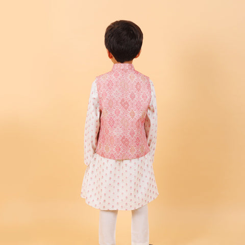 Pre-Order : PINK BANDI WITH OFF WHITE KURTA SET WITH PINK WORK  for Boys