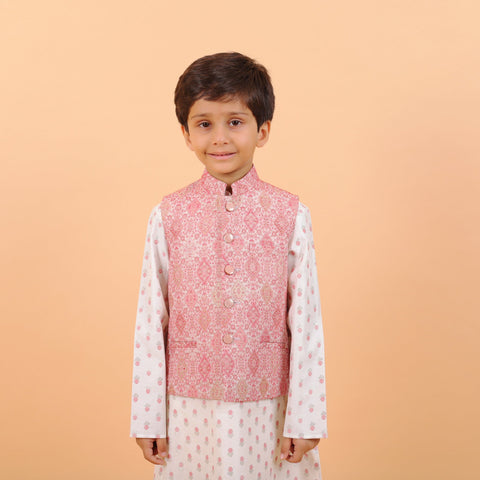 Pre-Order : PINK BANDI WITH OFF WHITE KURTA SET WITH PINK WORK  for Boys