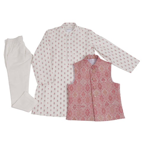 Pre-Order : PINK BANDI WITH OFF WHITE KURTA SET WITH PINK WORK  for Boys