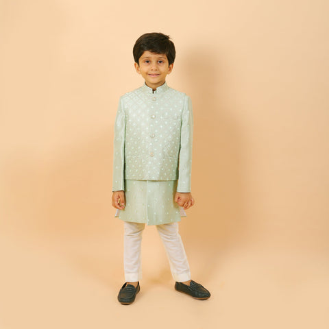 Pre-Order : PISTA GREEN BANDI SET WITH SELF DESIGNED BANDI AND KURTA  for Boys
