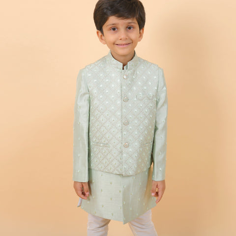 Pre-Order : PISTA GREEN BANDI SET WITH SELF DESIGNED BANDI AND KURTA  for Boys