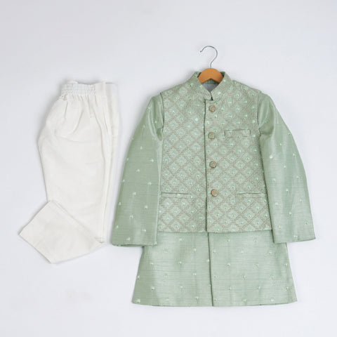 Pre-Order : PISTA GREEN BANDI SET WITH SELF DESIGNED BANDI AND KURTA  for Boys