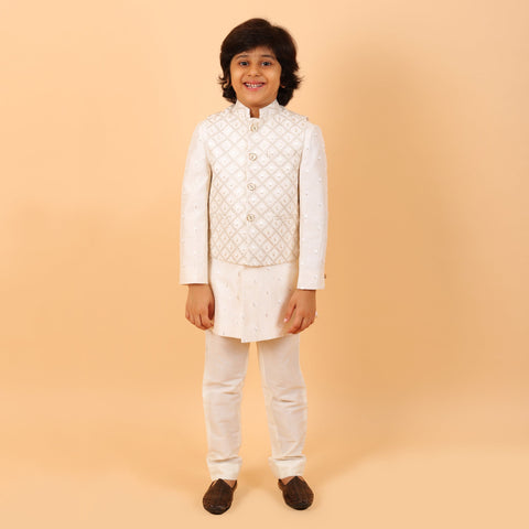 Pre-Order : WHITE BANDI SET WITH SELF DESIGNED BANDI AND KURTA  for Boys