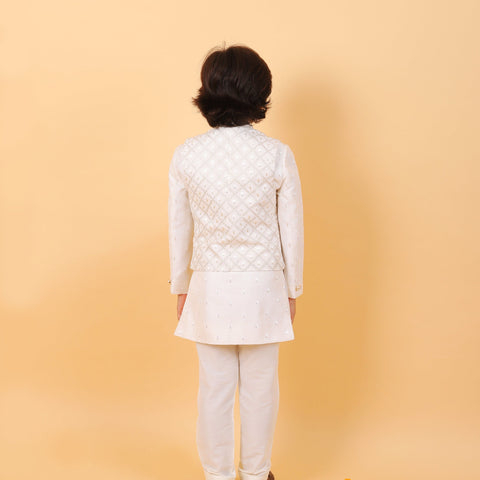 Pre-Order : WHITE BANDI SET WITH SELF DESIGNED BANDI AND KURTA  for Boys