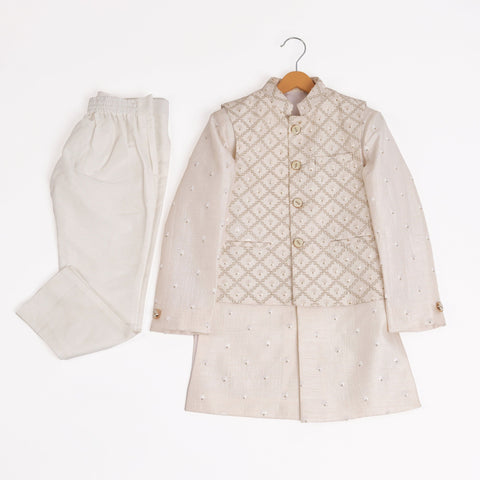 Pre-Order : WHITE BANDI SET WITH SELF DESIGNED BANDI AND KURTA  for Boys