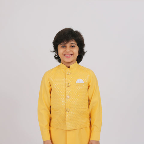 Pre-Order : YELLOW BANDI SET WITH YELLOW KURTA AND OFF WHITE PANTS  for Boys